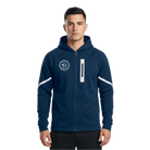 Man wearing a navy blue hoodie with white accents and Maine Coast Marathon logo on chest