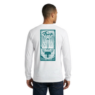 Man wearing a white long-sleeve shirt with a green graphic of the Fargo Theatre on the back