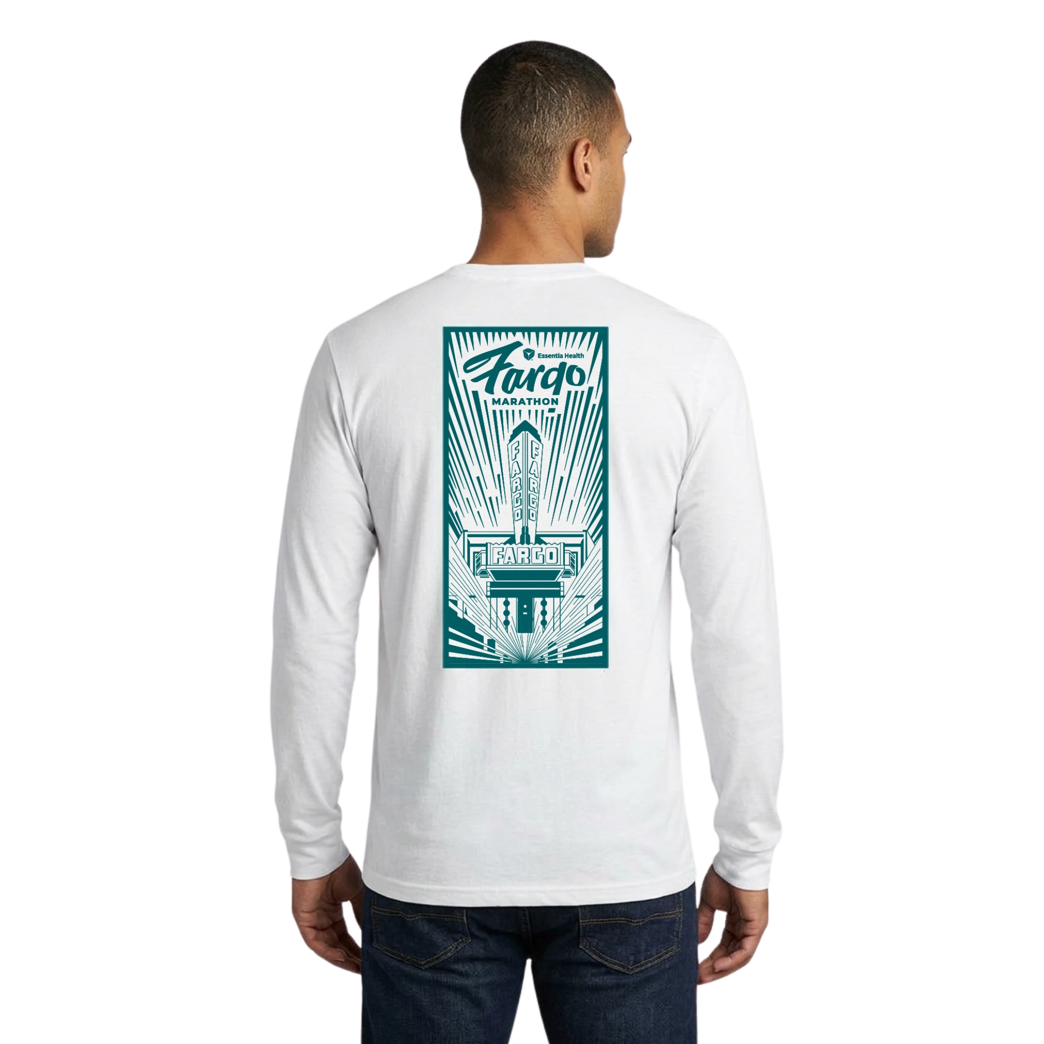 Man wearing a white long-sleeve shirt with a green graphic of the Fargo Theatre on the back