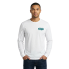 Man wearing a white long-sleeve shirt with a Fargo Marathon logo on the left chest