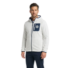 Man wearing a white cream hoodie with a navy pocket and Maine Coast Marathon logo