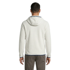 The back of a man wearing a white fleece textured hoodie