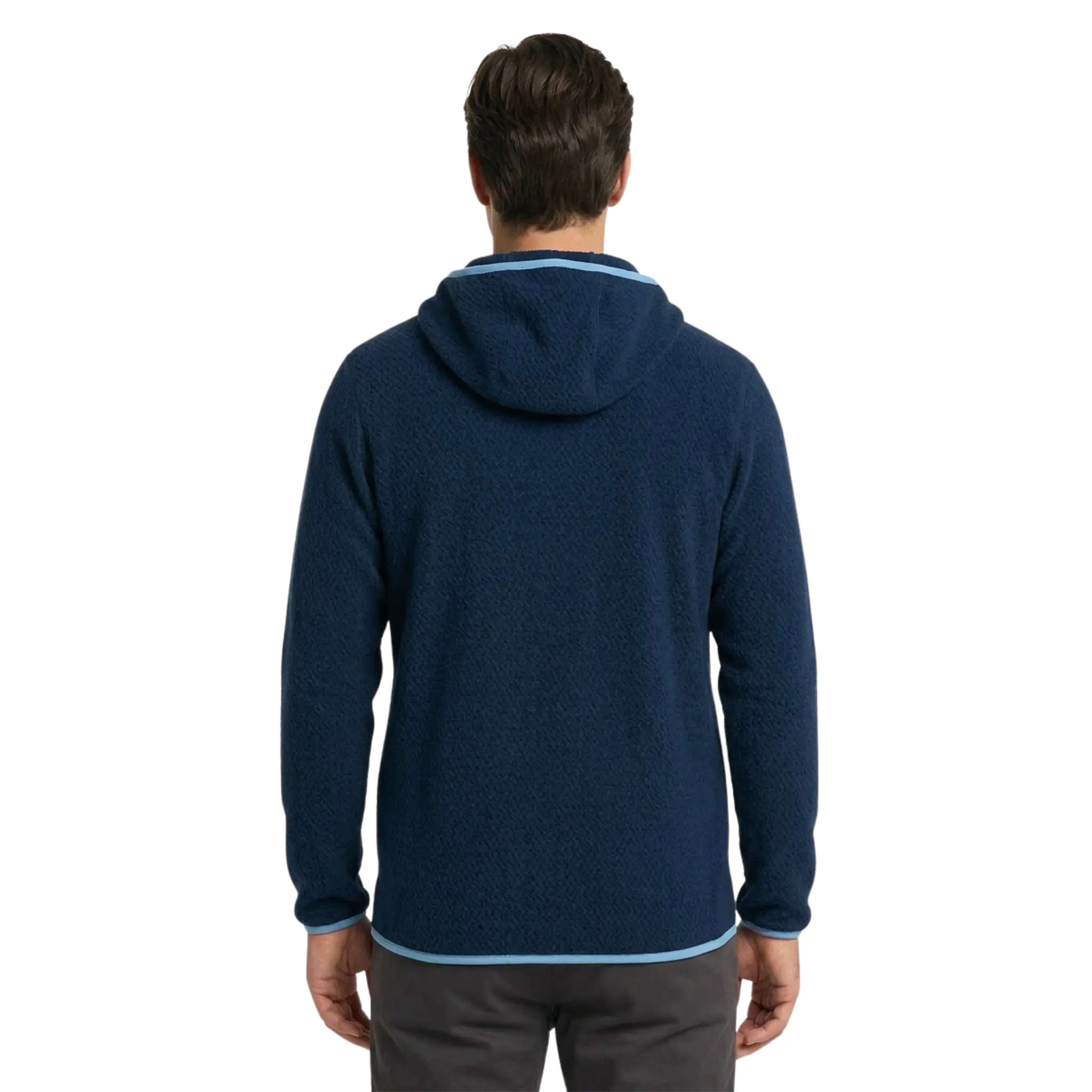The back of a man wearing a navy blue fleece textured hoodie