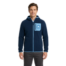 Man wearing a navy blue fleece hoodie with an Old Port logo and chest pocket