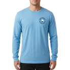 Man wearing long sleeve light blue shirt with Old Port Half Marathon and 5K logo on left chest