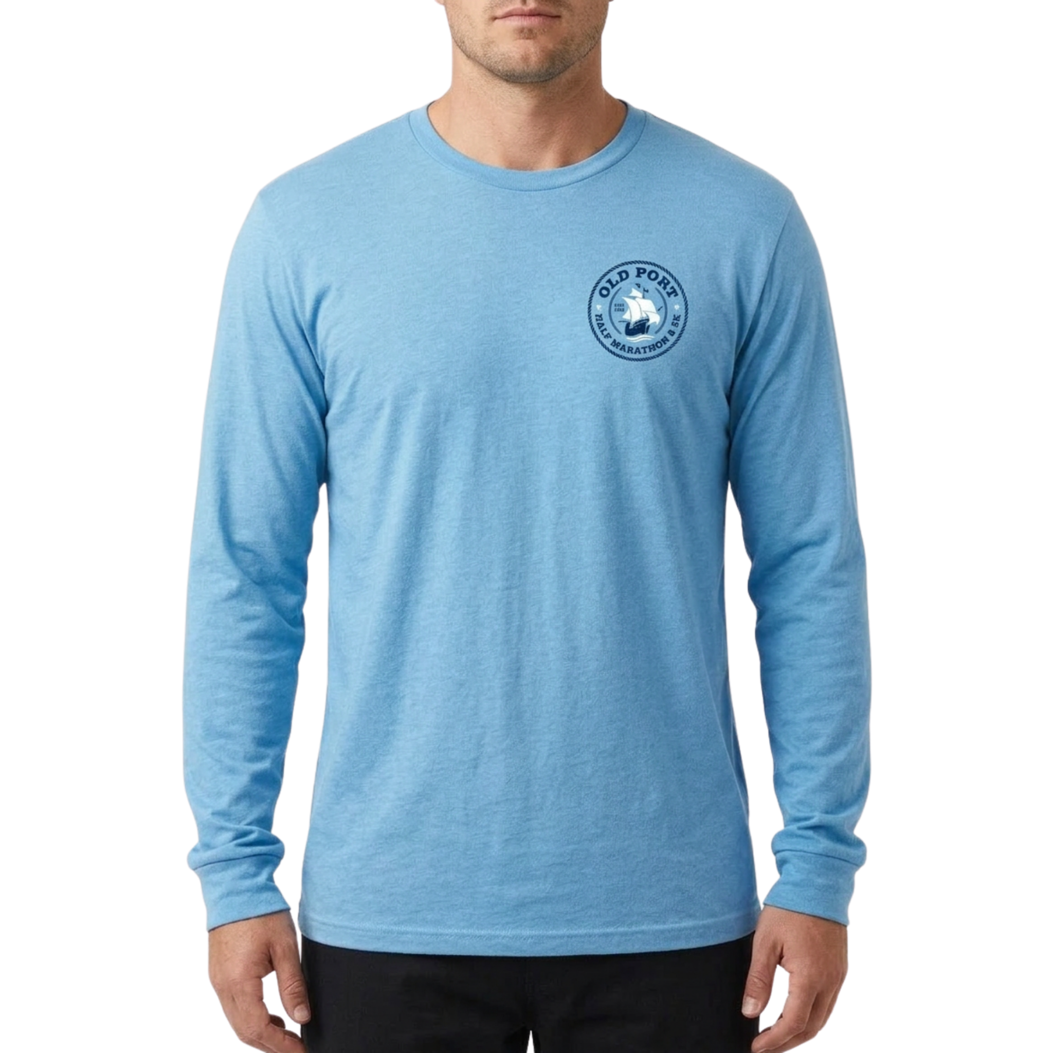 Man wearing long sleeve light blue shirt with Old Port Half Marathon and 5K logo on left chest