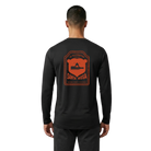 Man wearing a black long-sleeve shirt with Santa Rosa Marathon 10K orange graphic on back