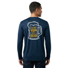 Man wearing a navy long-sleeve shirt with a graphic of a beer mug and text Will Run for Beer on the back