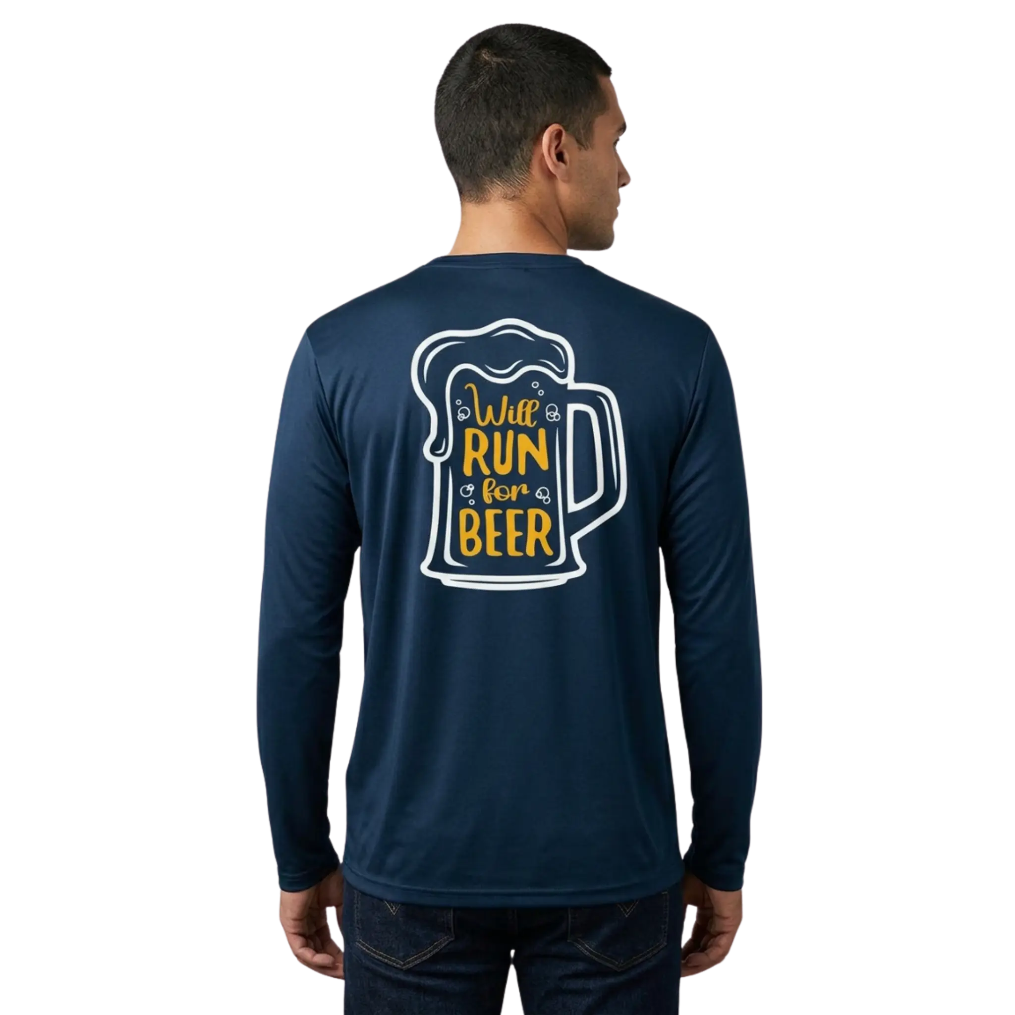 Man wearing a navy long-sleeve shirt with a graphic of a beer mug and text Will Run for Beer on the back
