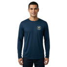 Man wearing a navy long-sleeve shirt with Will Run for Beer logo