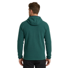 The back of a man wearing a green fleece hoodie