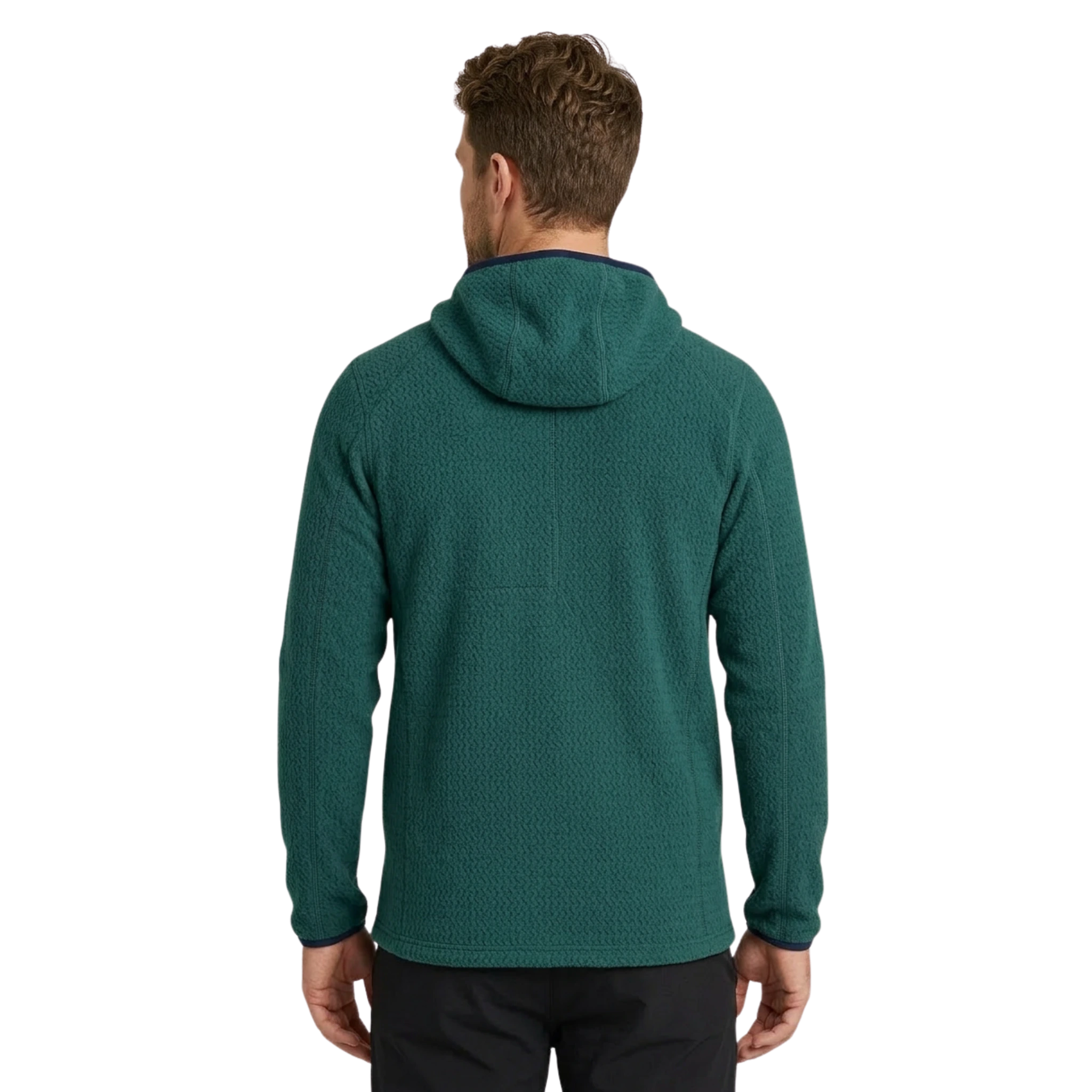 The back of a man wearing a green fleece hoodie