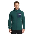 Man wearing a green fleece hoodie with a Fargo Marathon logo and chest pocket