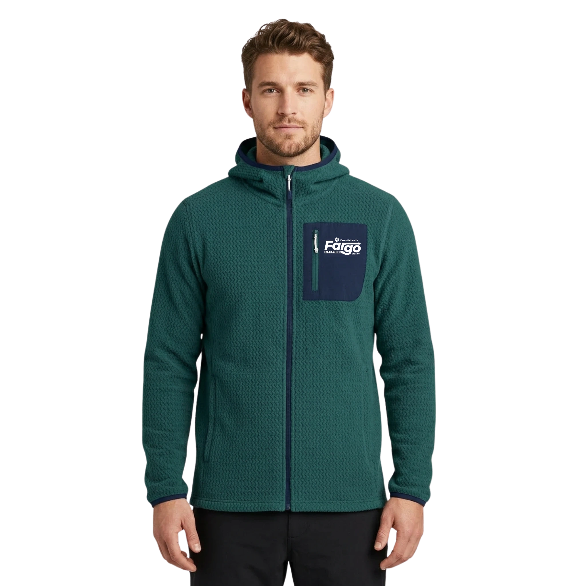 Man wearing a green fleece hoodie with a Fargo Marathon logo and chest pocket