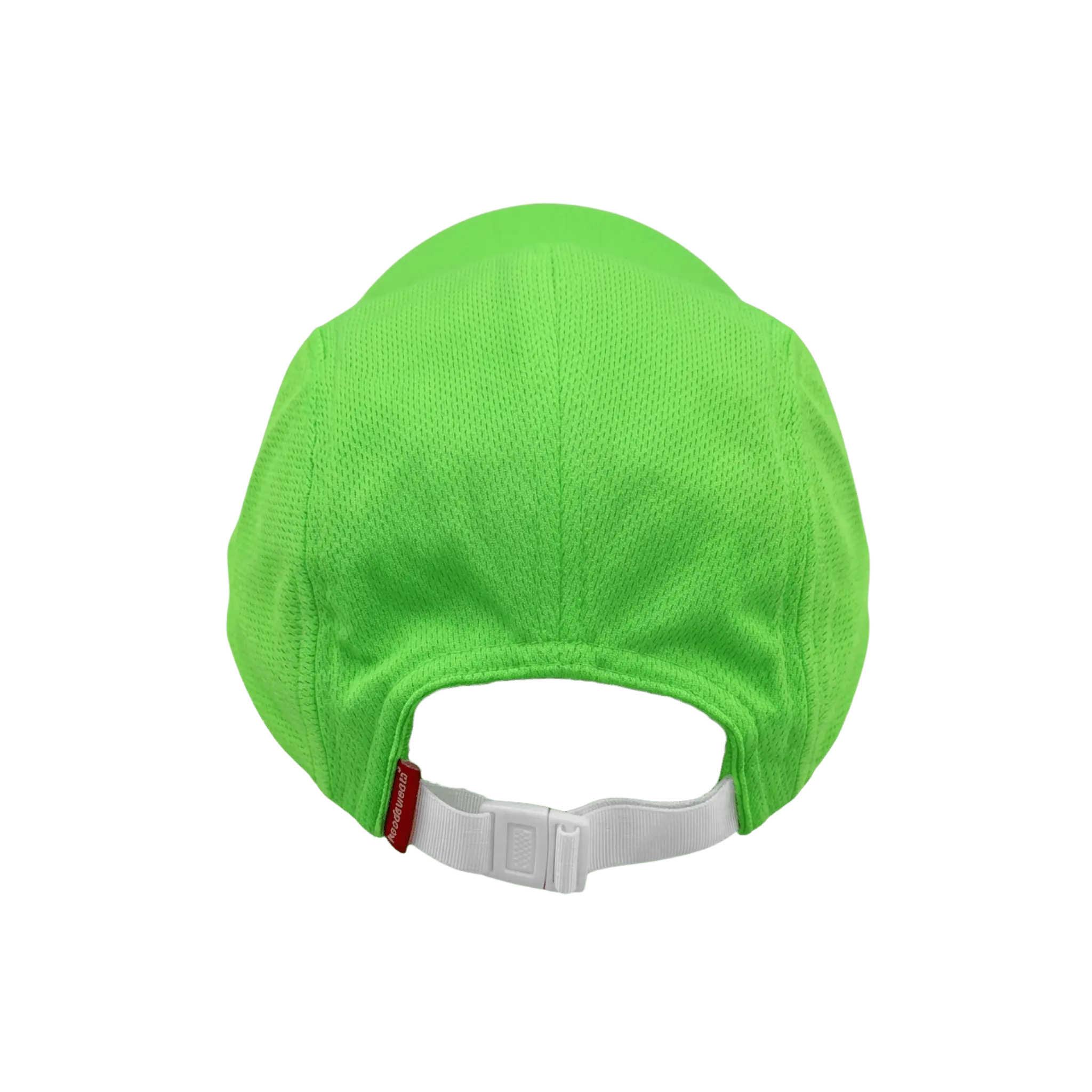 Green cap with a white strap and red tag
