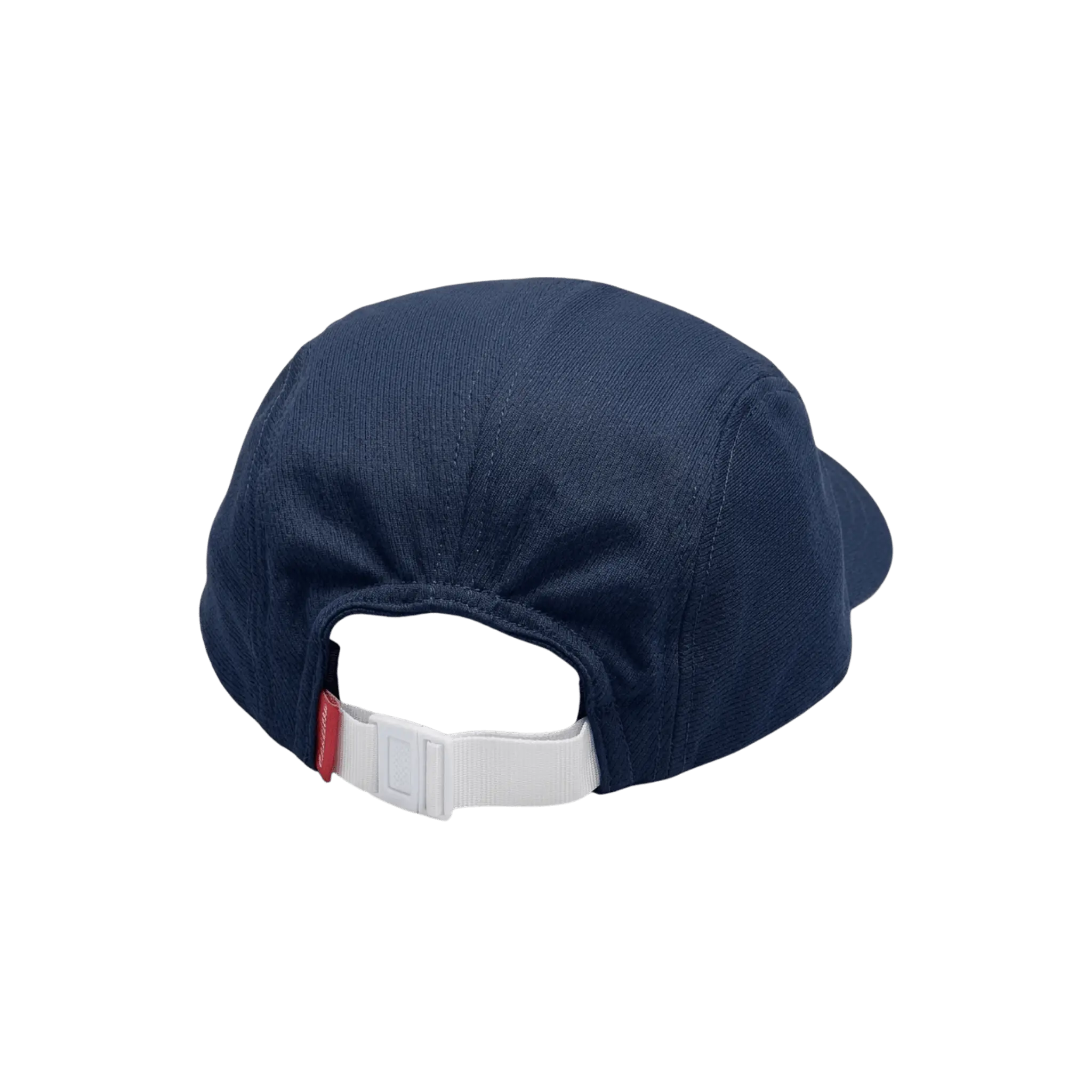 Navy blue cap with a white strap and red tag
