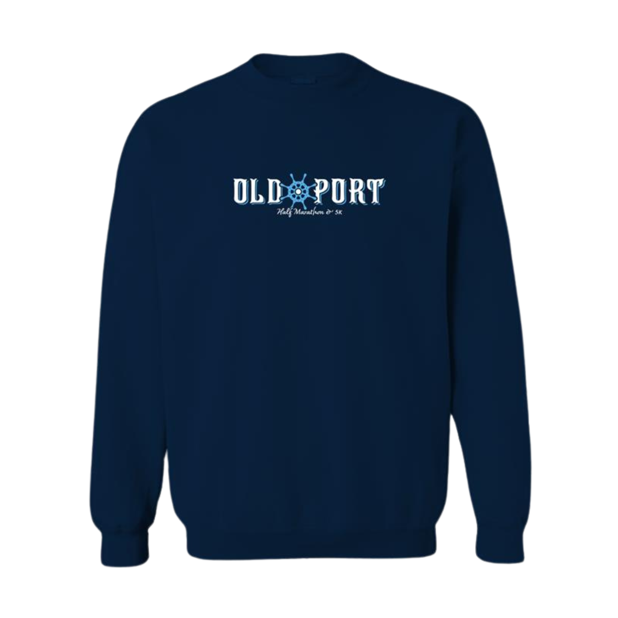 A navy blue Old Port Nautical Crewneck sweatshirt with the logo in middle chest