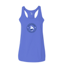 Women's heather blue tank top with a center  chest Old Port Half Marathon and 5K logo