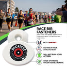 Rockfest race bib fasteners with a running event graphic and product details.