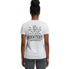 Person wearing a white t-shirt with 'Rock Fest' design on the back