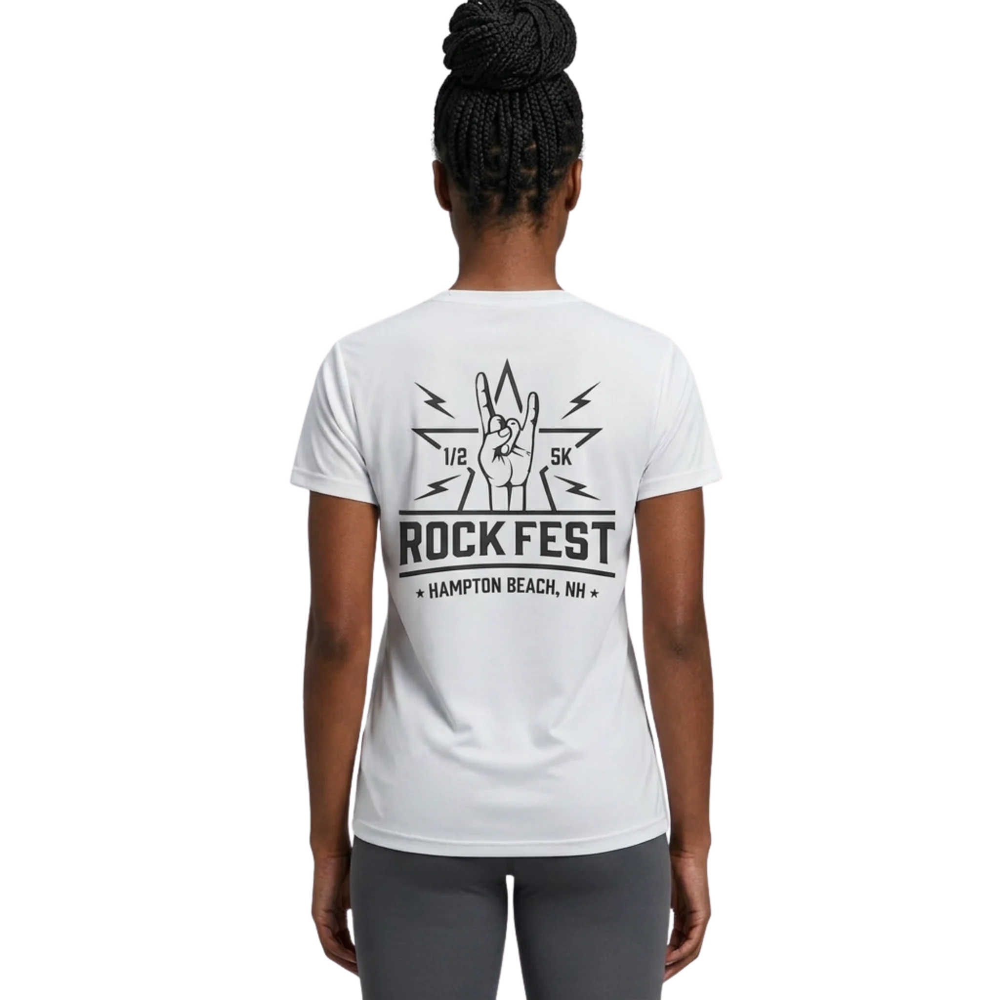 Person wearing a white t-shirt with 'Rock Fest' design on the back