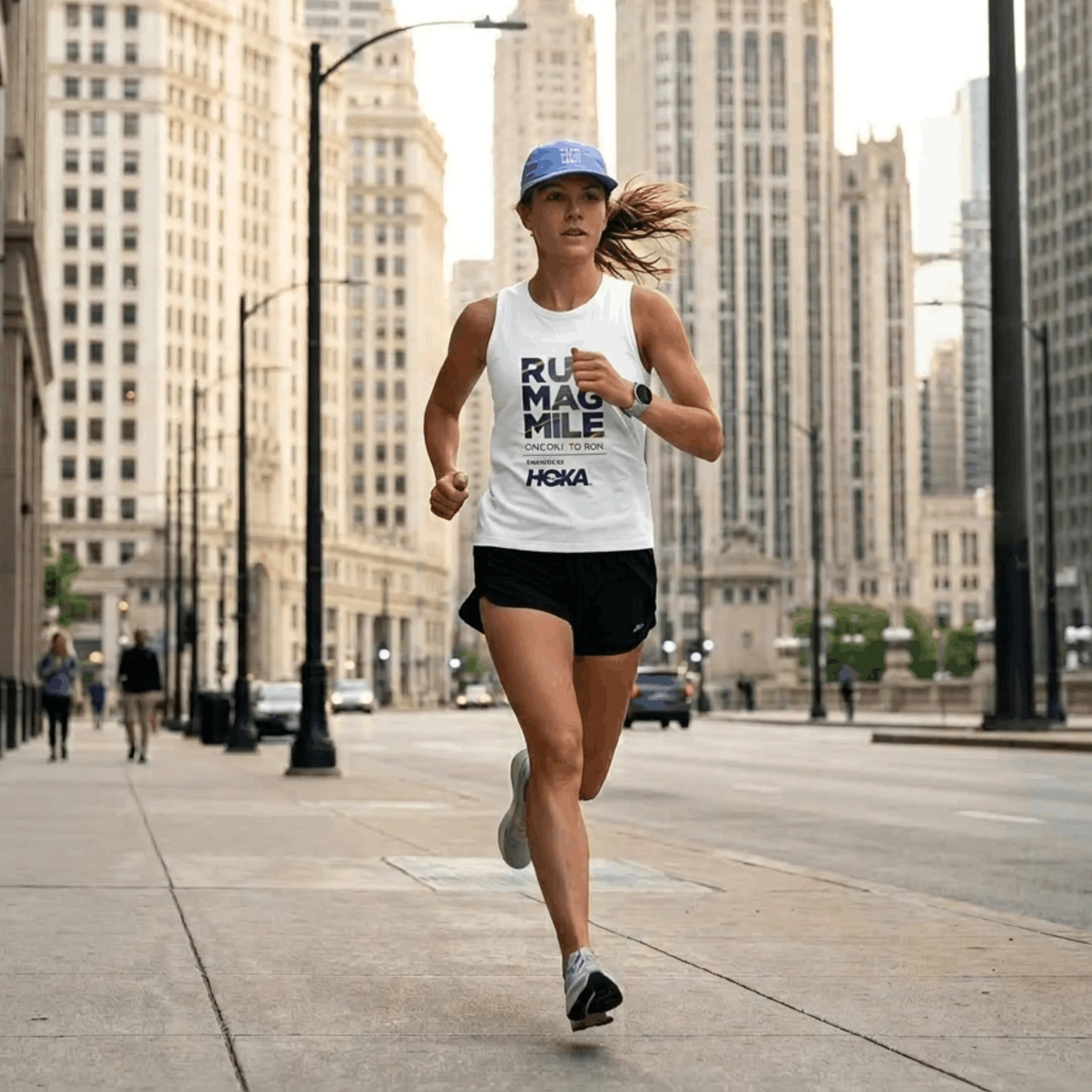 Woman running on the Magnificent Mile in Chicago with tall buildings in the background