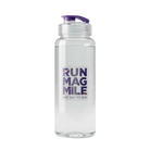 Clear water bottle with purple cap and Run Mag Mile translucent sticker 