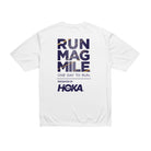 White tee tee with design that reads Run Mag Mile One Day to Run presented by HOKA