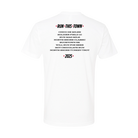 White t-shirt with black text listing Run This Town running events