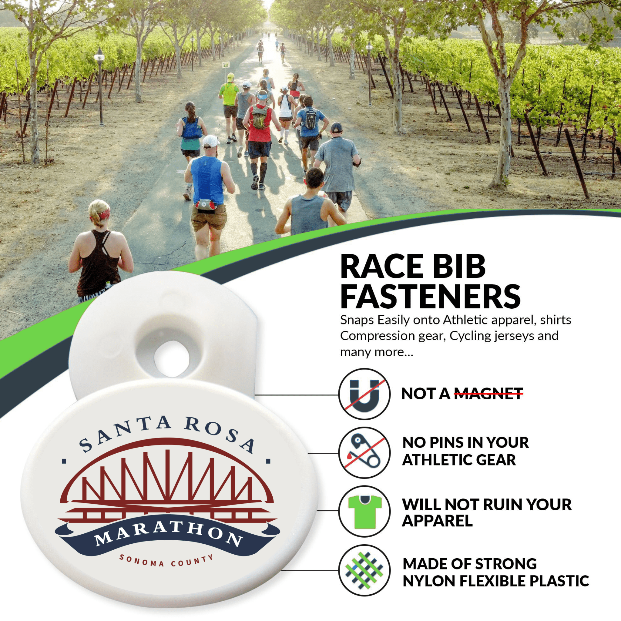 Santa Rosa Marathon race bib fastener with listed benefits
