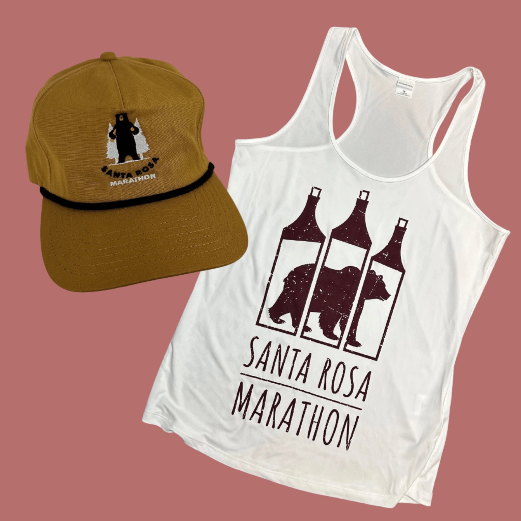 Brown cap and white tank top with 'Santa Rosa Marathon' design
