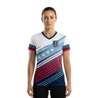 Woman wearing a stripe geometric running tee with Soldier Field 10 logo