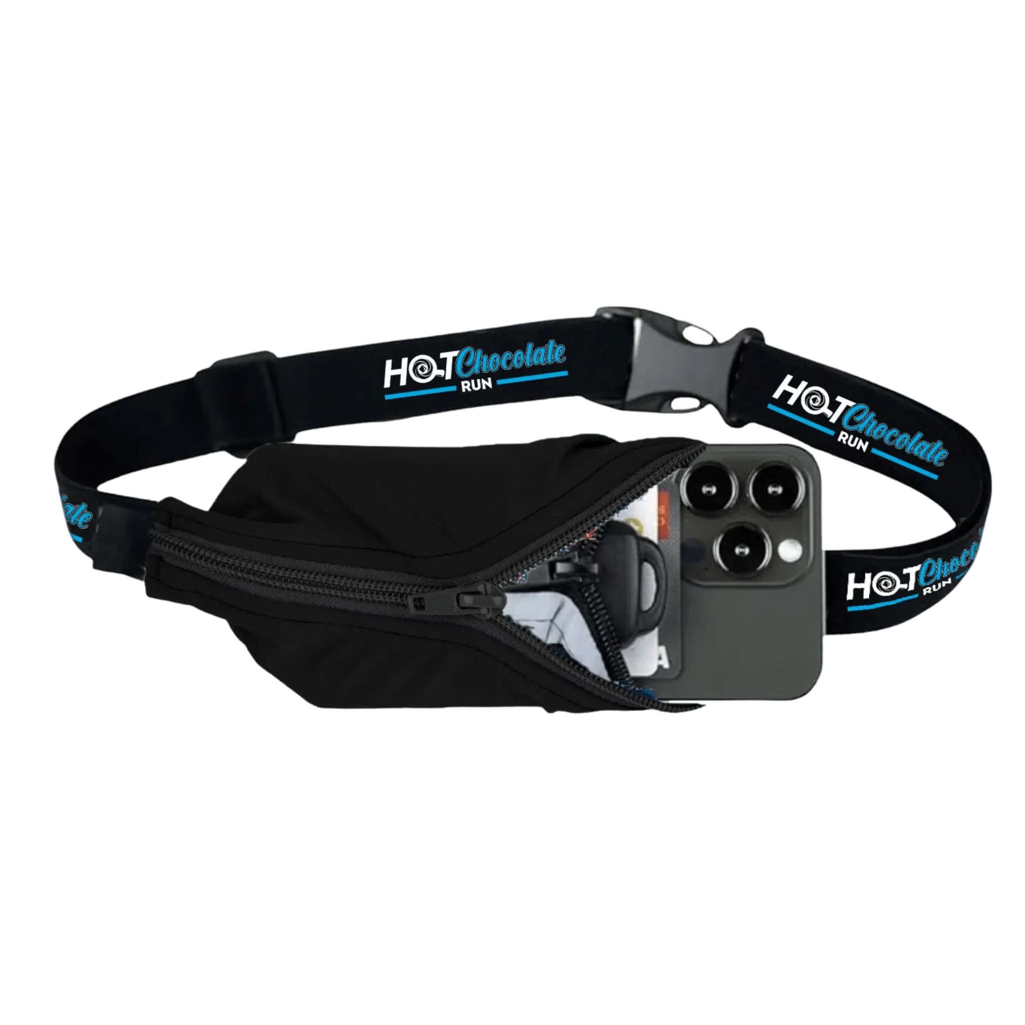 Black waist bag with phone holder and 'Hot Chocolate Run' branded strap