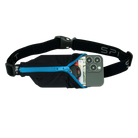 Black waist bag with blue zipper holding a smartphone