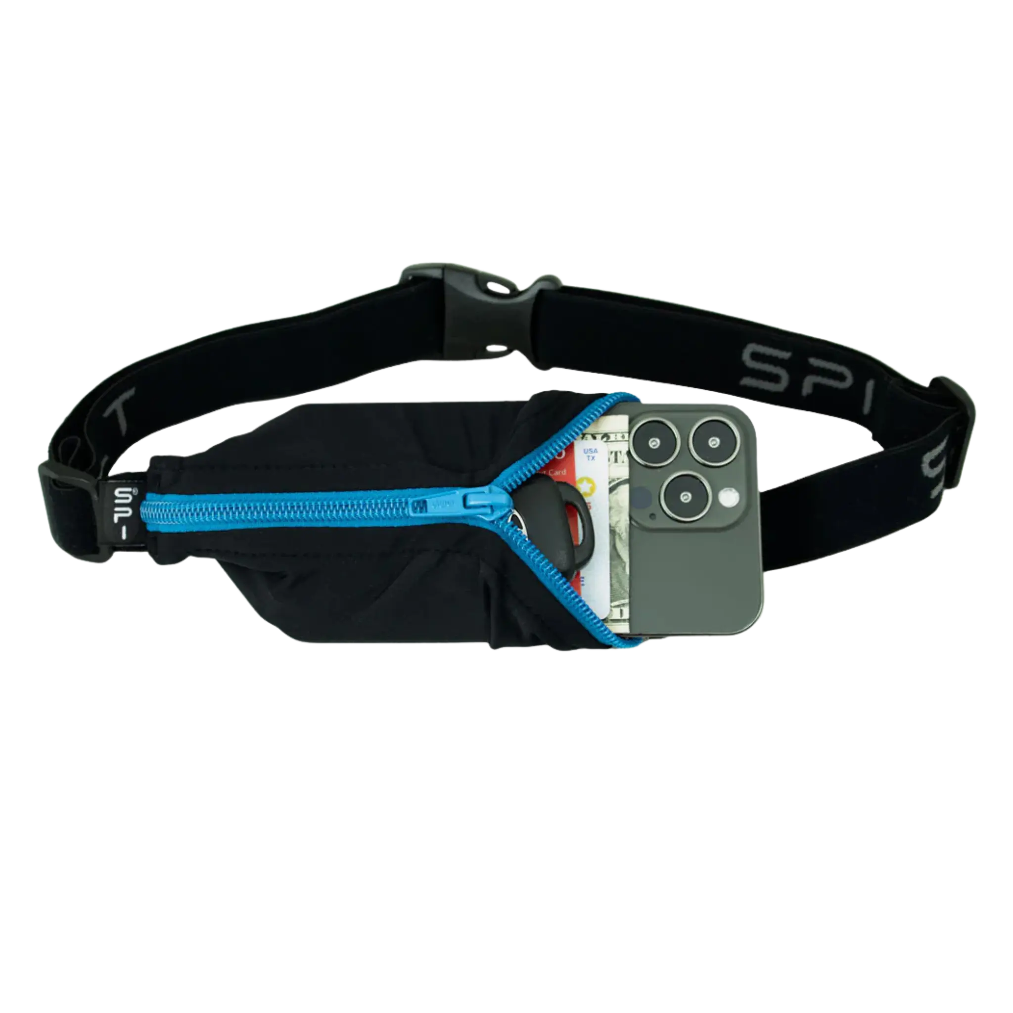 Black waist bag with blue zipper holding a smartphone