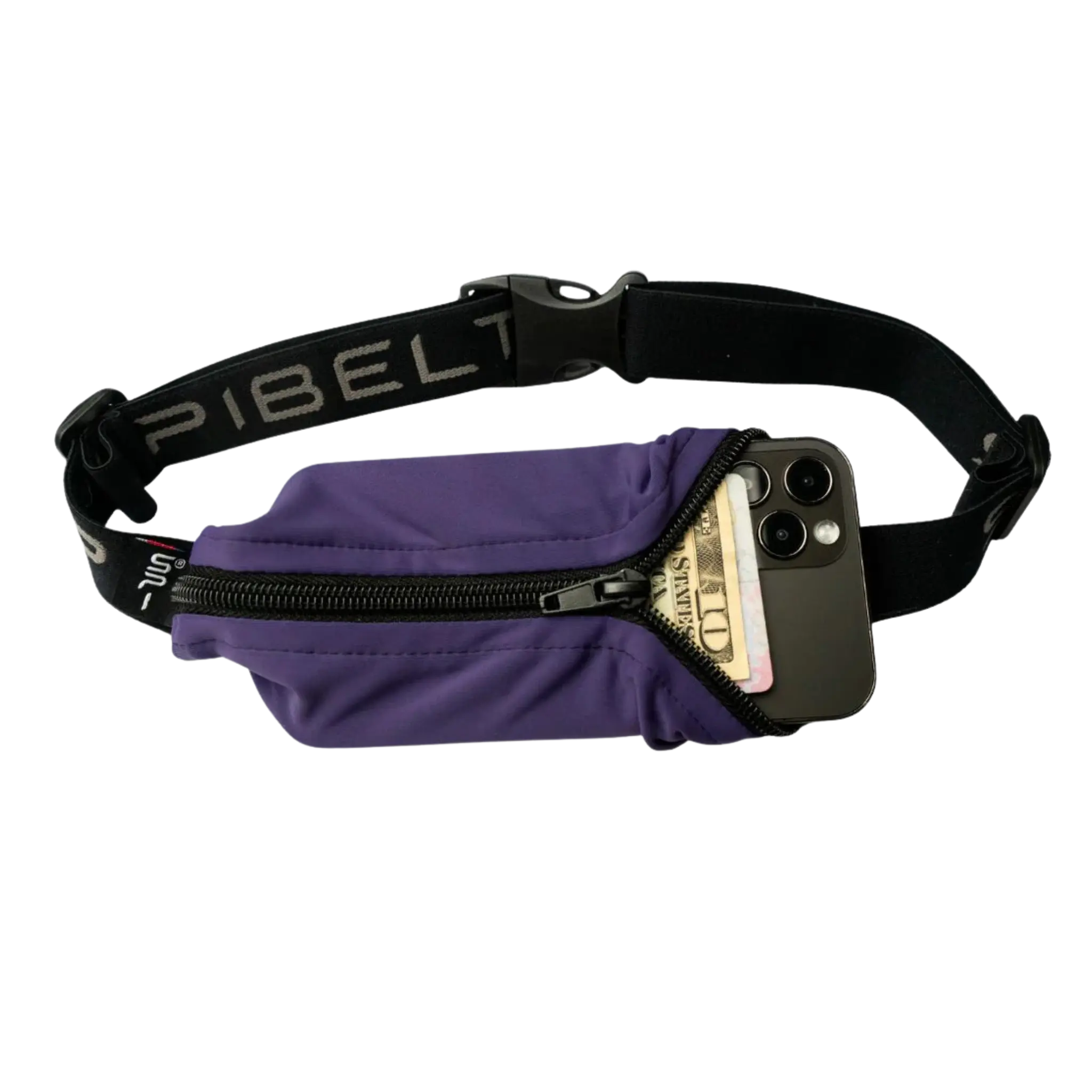 Purple waist bag with a phone and money