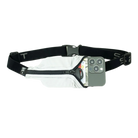 White waist bag with a black belt and phone case