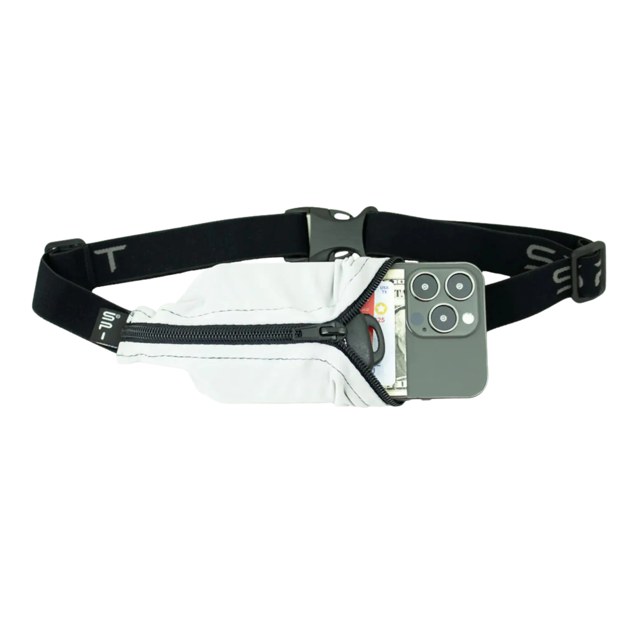 White waist bag with a black belt and phone case