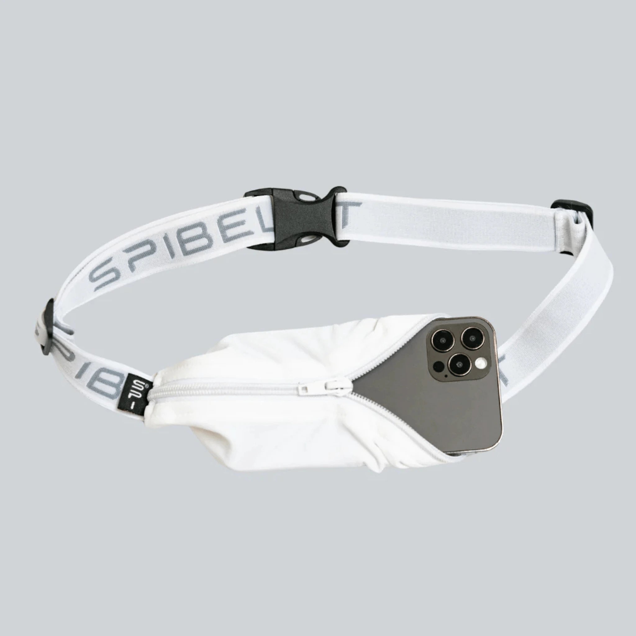 White waist bag with white strap featuring SPI belt logo