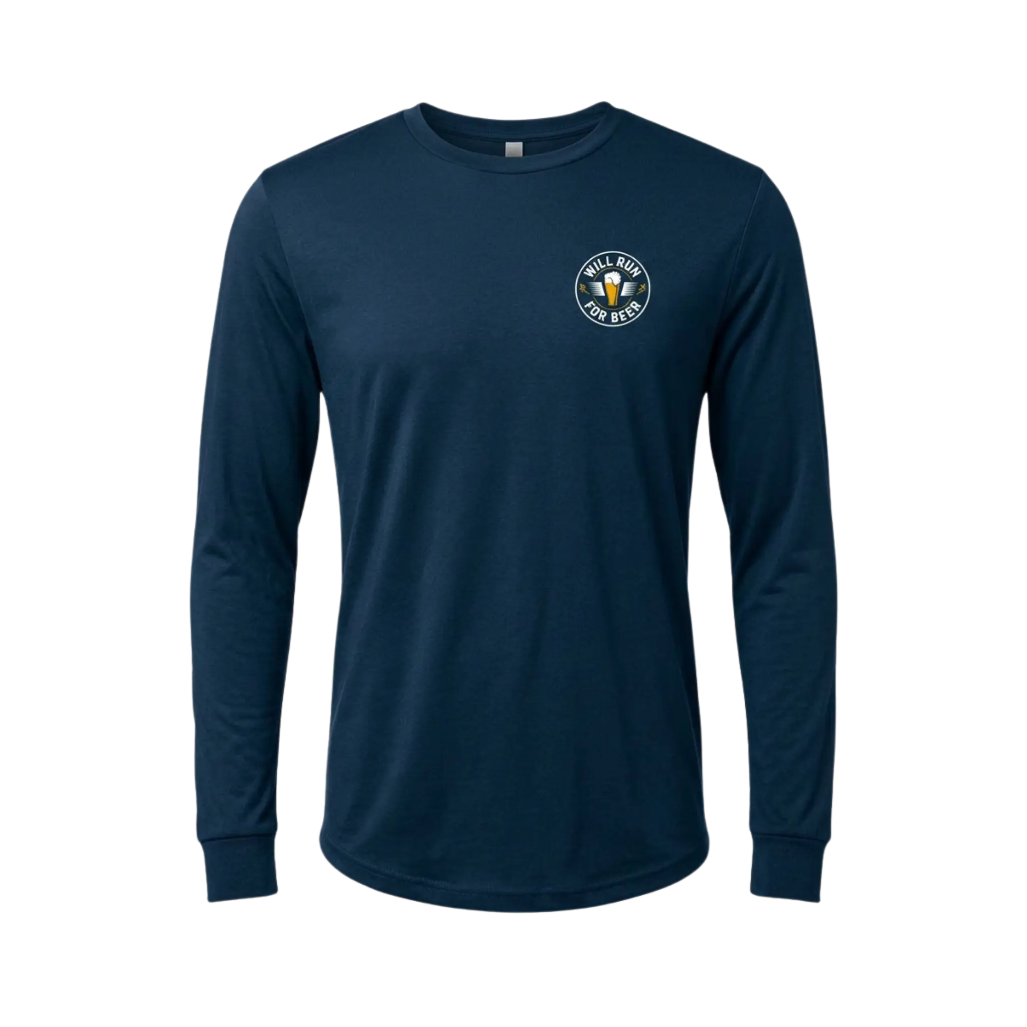 A navy long-sleeve shirt with Will Run for Beer logo