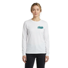 Woman wearing a white long-sleeve shirt with a Fargo Marathon logo on the left chest