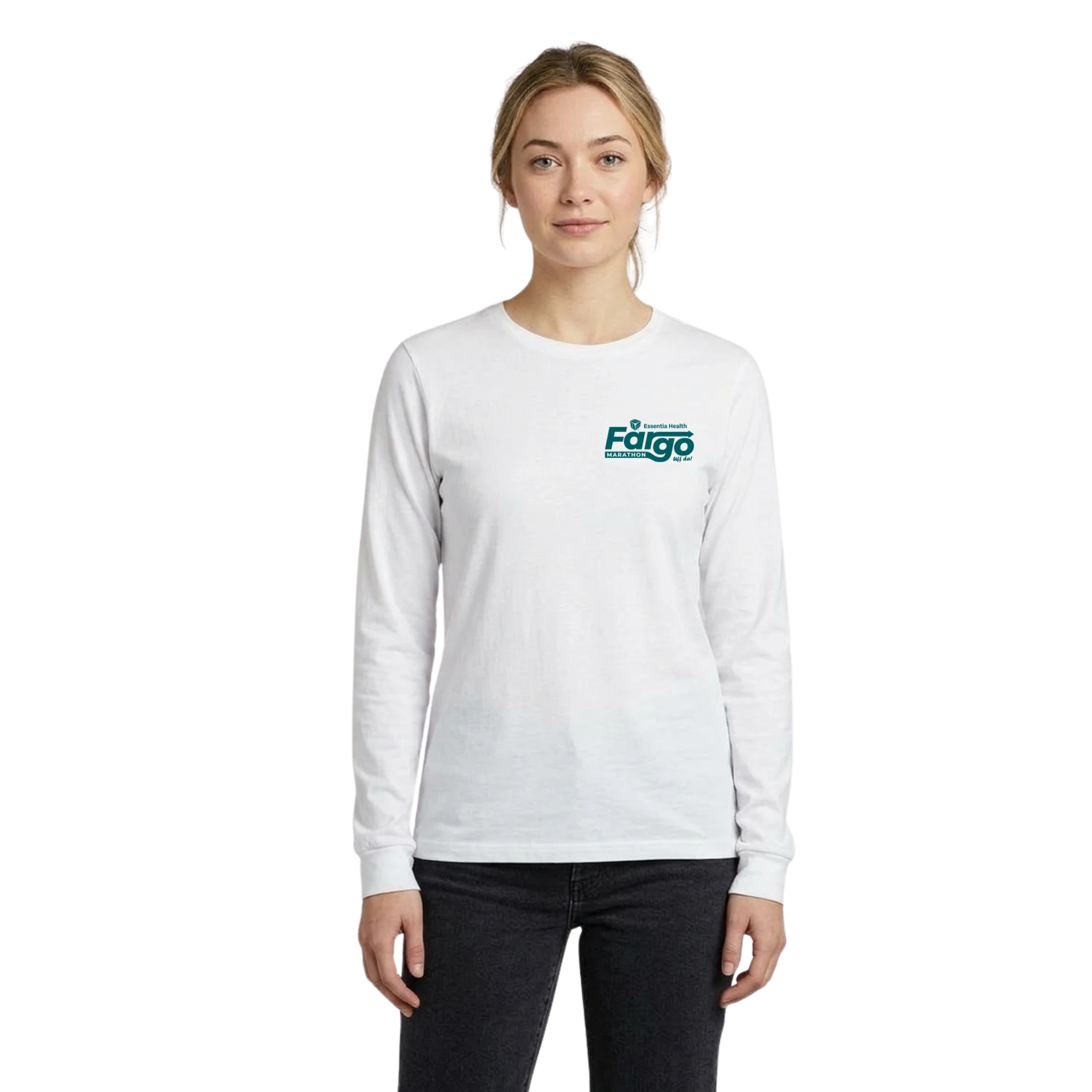 Woman wearing a white long-sleeve shirt with a Fargo Marathon logo on the left chest