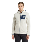 Woman wearing a cream-colored fleece jacket with a navy pocket with Maine Coast Marathon Logo