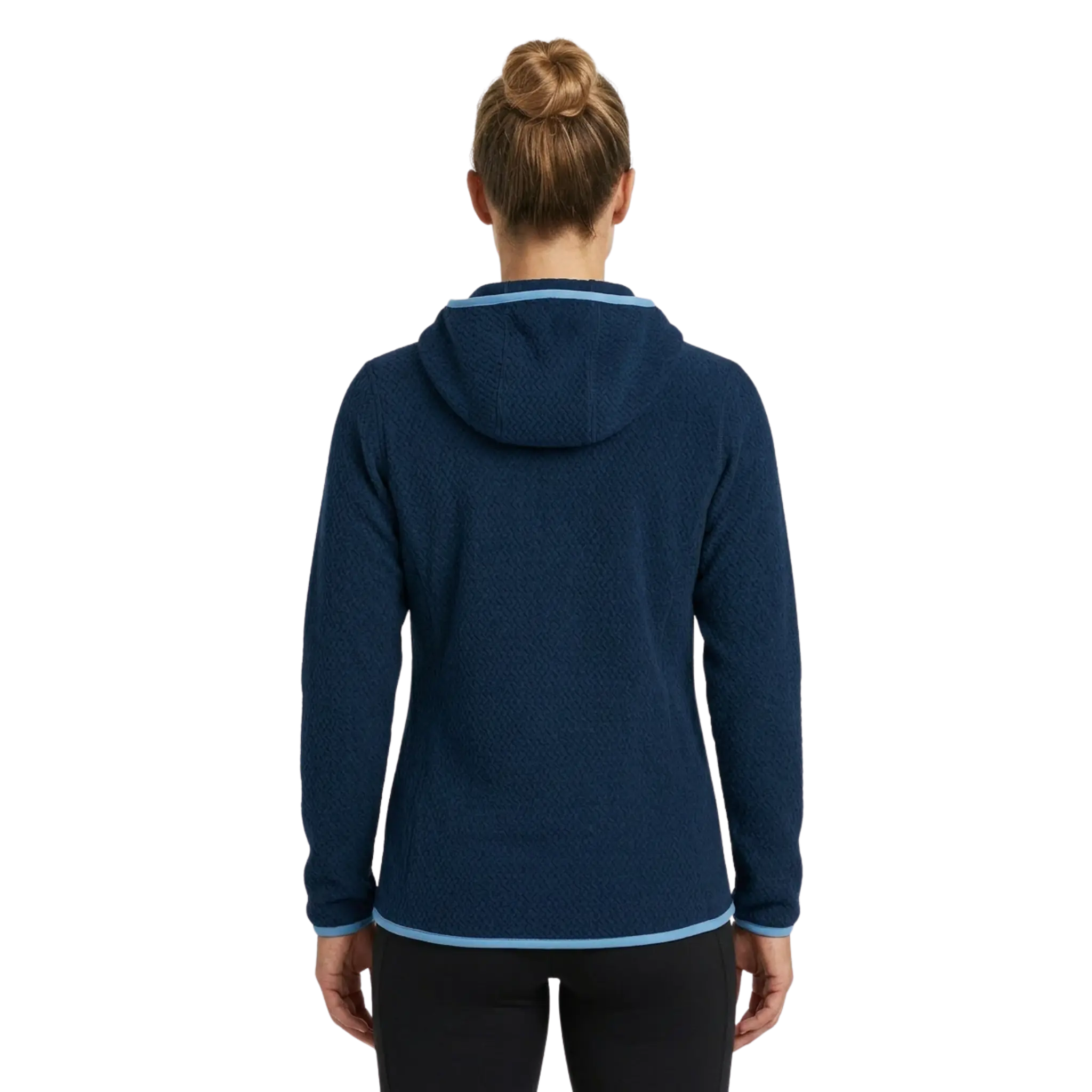 The back of a woman wearing a navy blue fleece textured hoodie