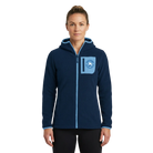 Woman wearing a navy blue fleece hoodie with an Old Port logo and chest pocket