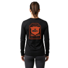 Woman wearing a black long-sleeve shirt with orange Santa Rosa Marathon 10K graphic on the back
