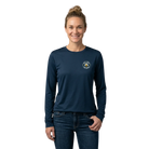 Woman wearing a navy long-sleeve shirt with Will Run for Beer logo