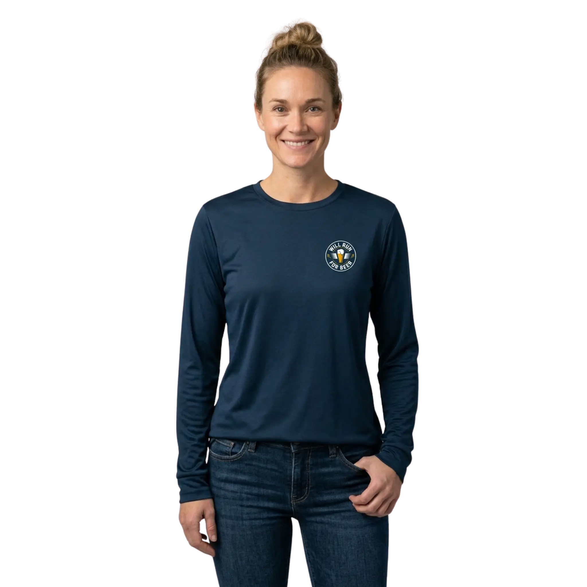 Woman wearing a navy long-sleeve shirt with Will Run for Beer logo