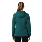 The back of a woman wearing a green fleece hoodie