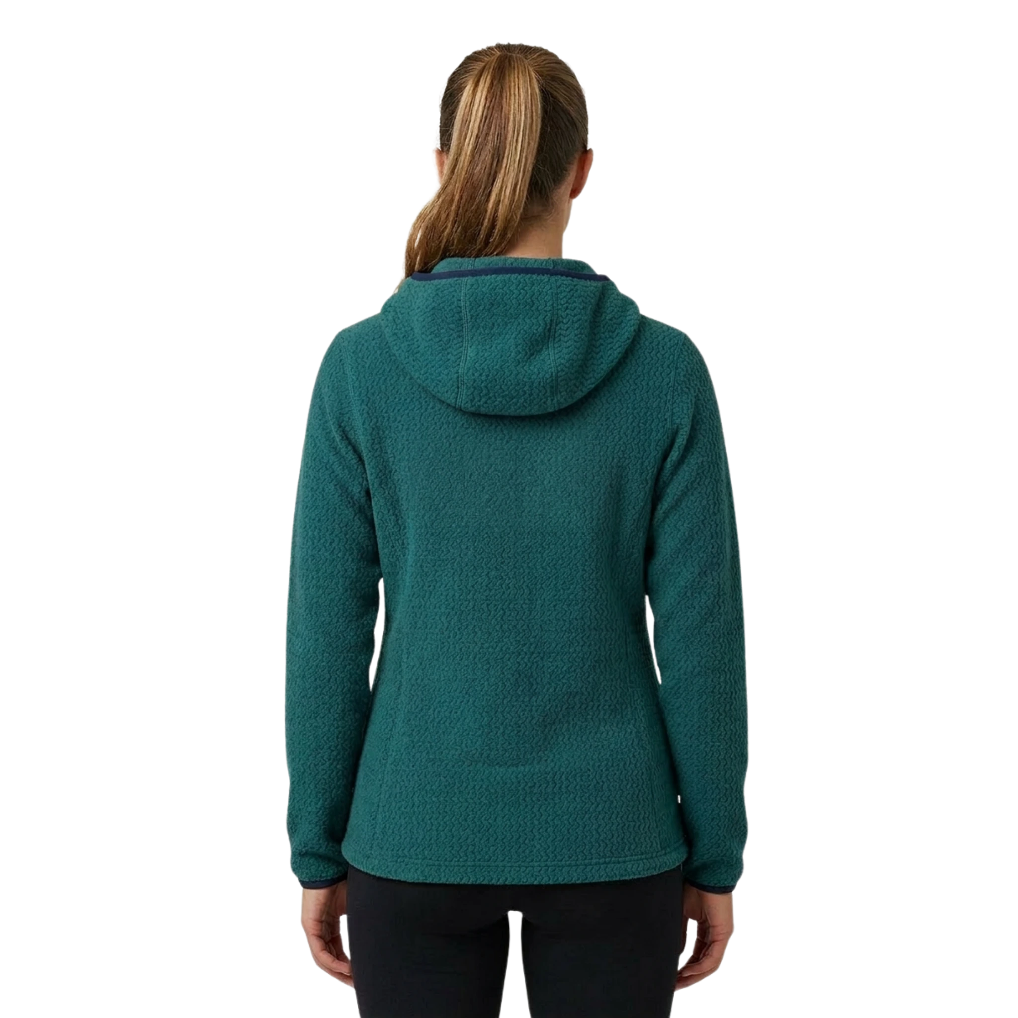 The back of a woman wearing a green fleece hoodie